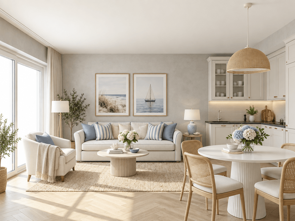 Coastal / Hamptons Living Room design — interior photo by GenRoom AI