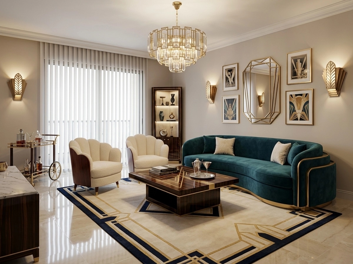 İç mekân tasarımı Art Deco stili — Oturma Odası GenRoom AI