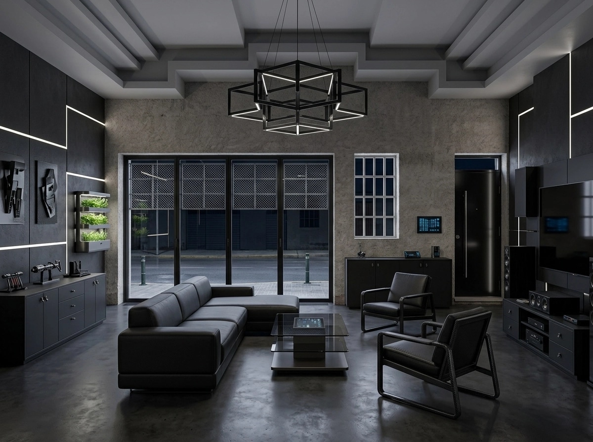 التصميم الداخلي بنمط Blacktec — غرفة المعيشة من GenRoom AI