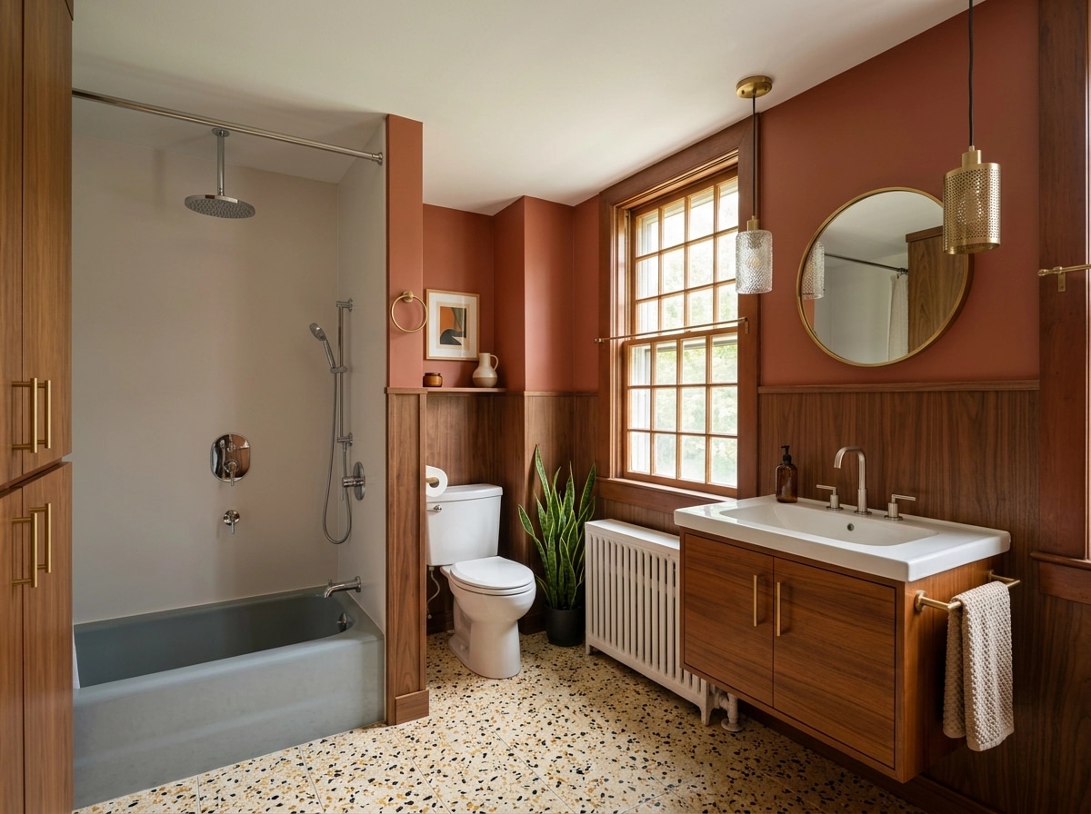 Bathroom interior in Mid-Century Modern style — photo by GenRoom AI