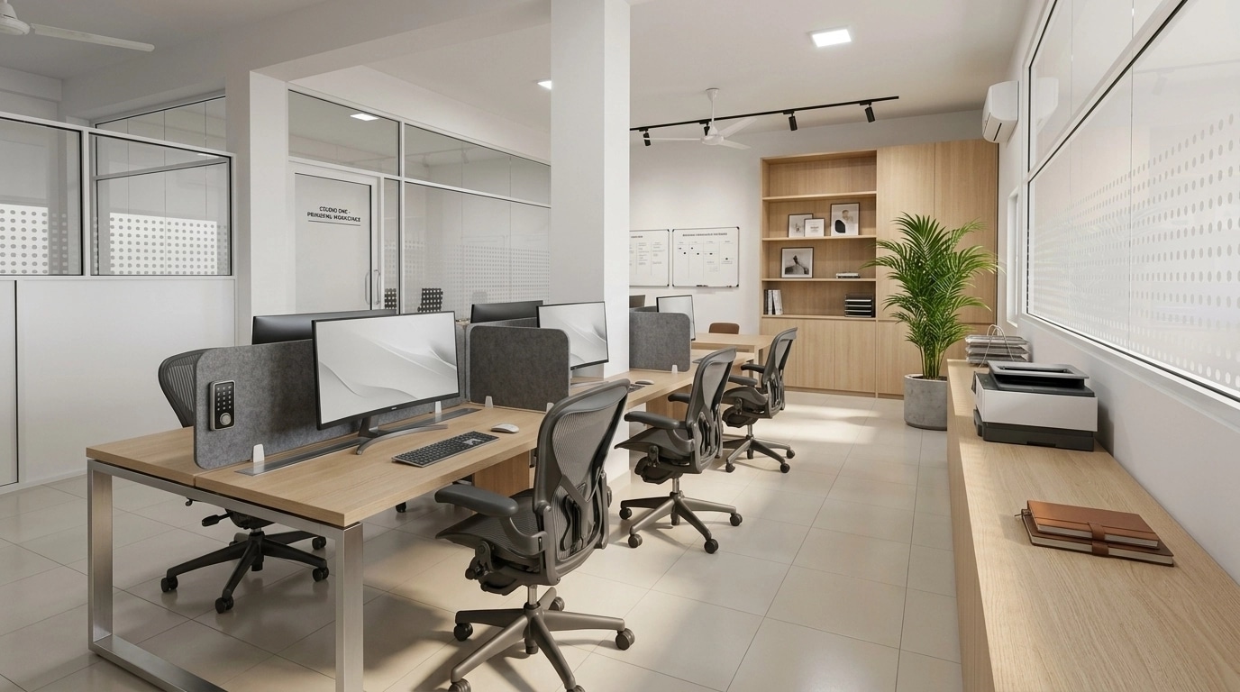 Office interior in Minimalism style — photo by GenRoom AI
