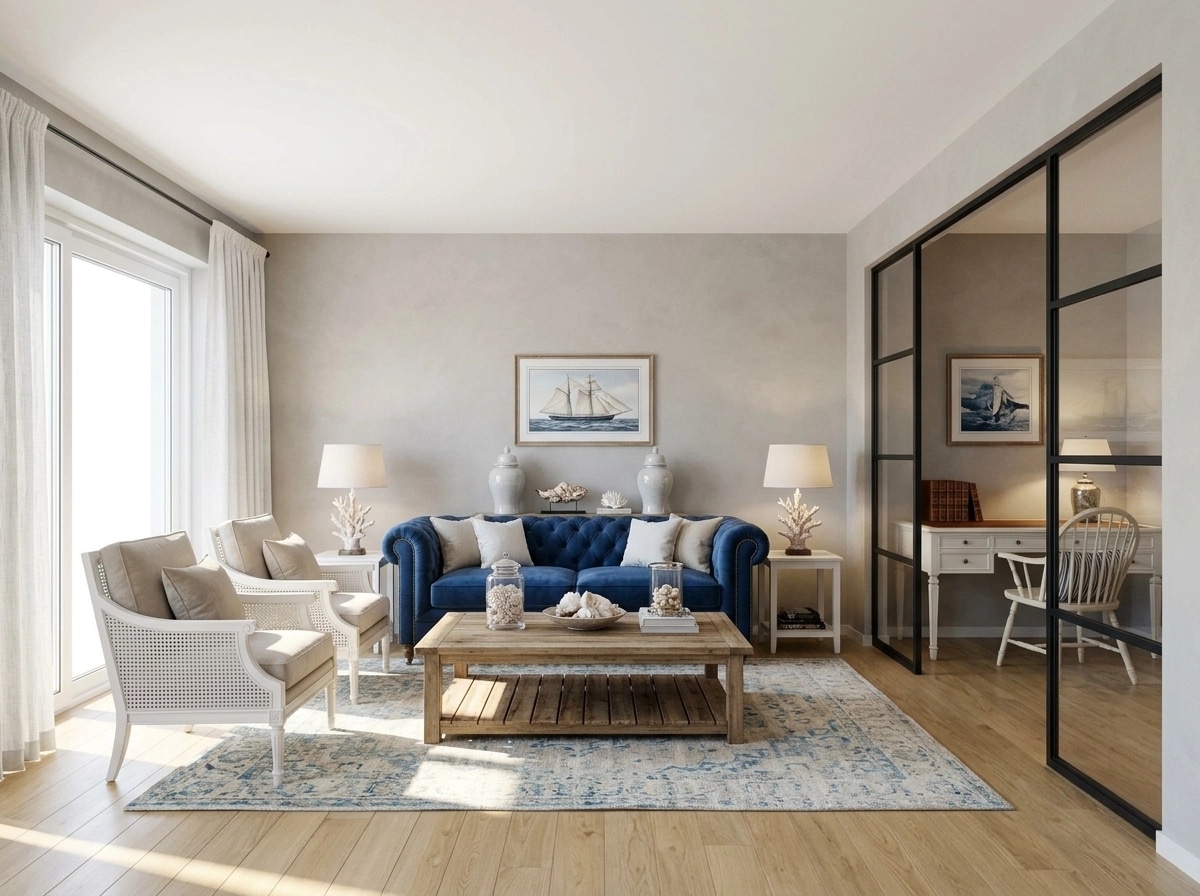 Coastal / Hamptons Living Room design — interior photo by GenRoom AI