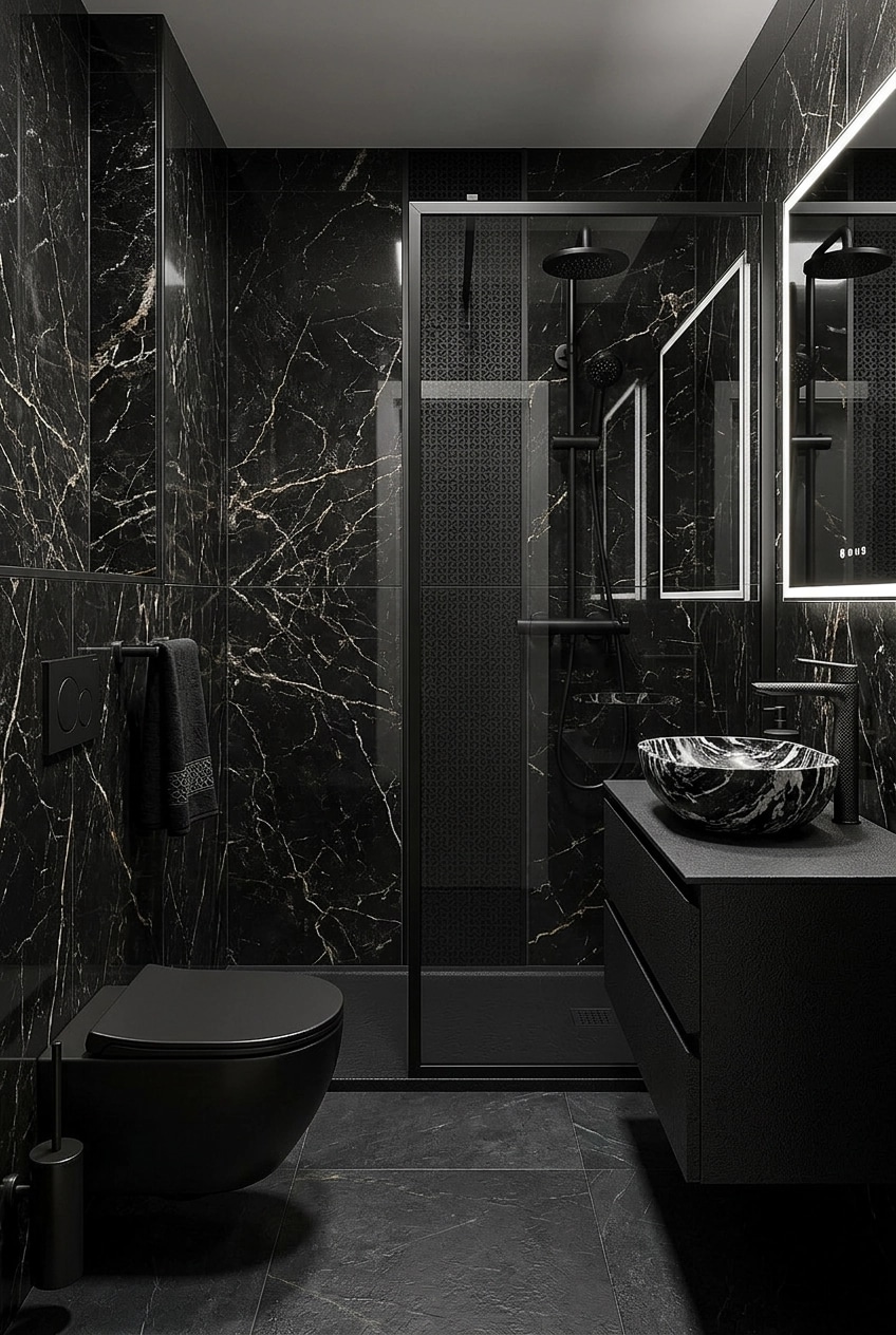 Bathroom interior in Blacktec style — photo by GenRoom AI