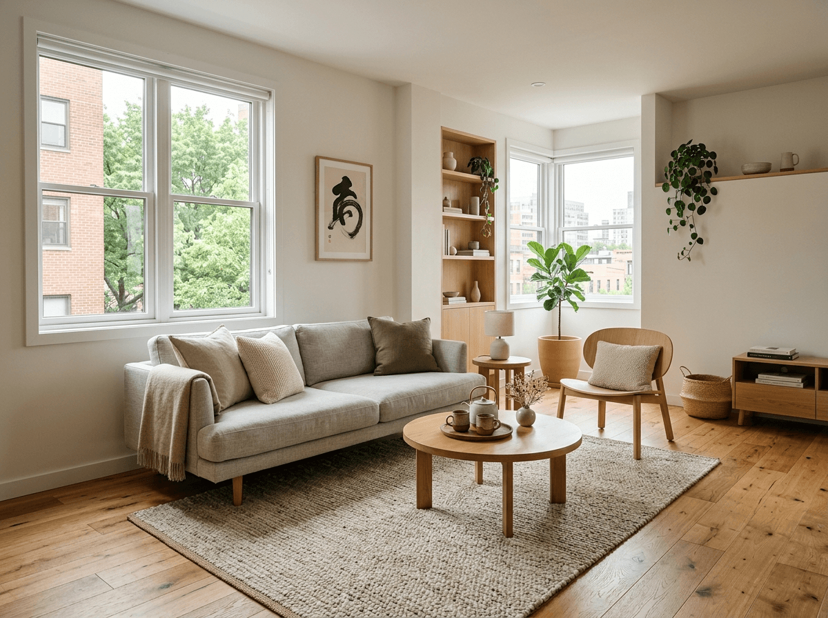 Design d'interni in stile Japandi — Soggiorno di GenRoom AI