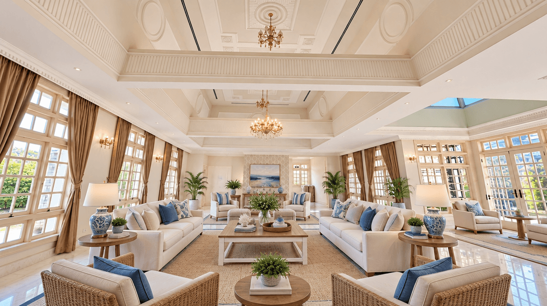 Návrh interiéru ve stylu Coastal / Hamptons styl — Obývací pokoj od GenRoom AI