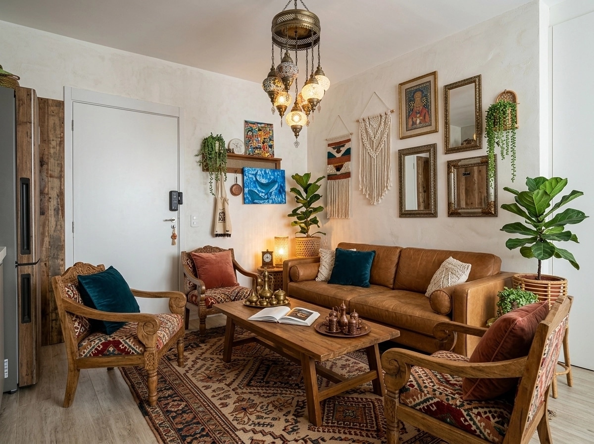 Интерьер дизайны Bohemian стилінде — GenRoom AI жасаған Қонақ бөлме