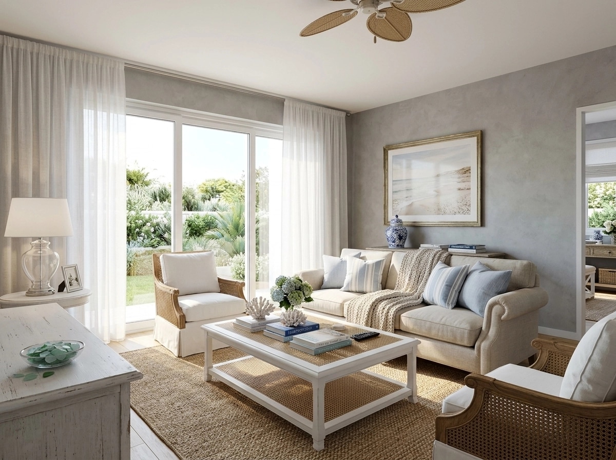 Coastal / Hamptons Sala de Estar design — interior photo by GenRoom AI