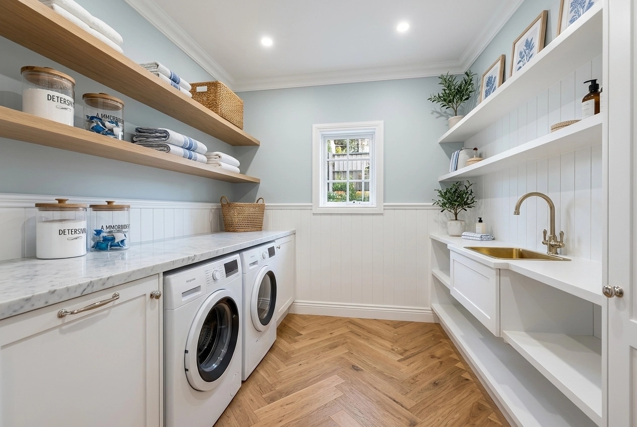 Interior design in Coastal / Hamptons style — laundry by GenRoom AI