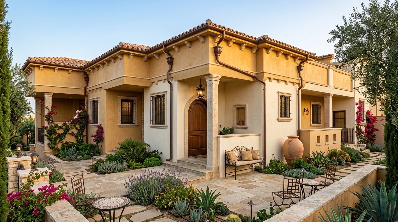 Mediterranean Facade หน้าอาคาร design — facade photo by GenRoom AI