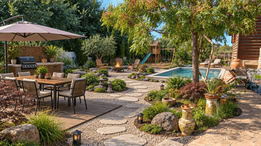 Yard design in Japanese Garden style — photo by GenRoom AI