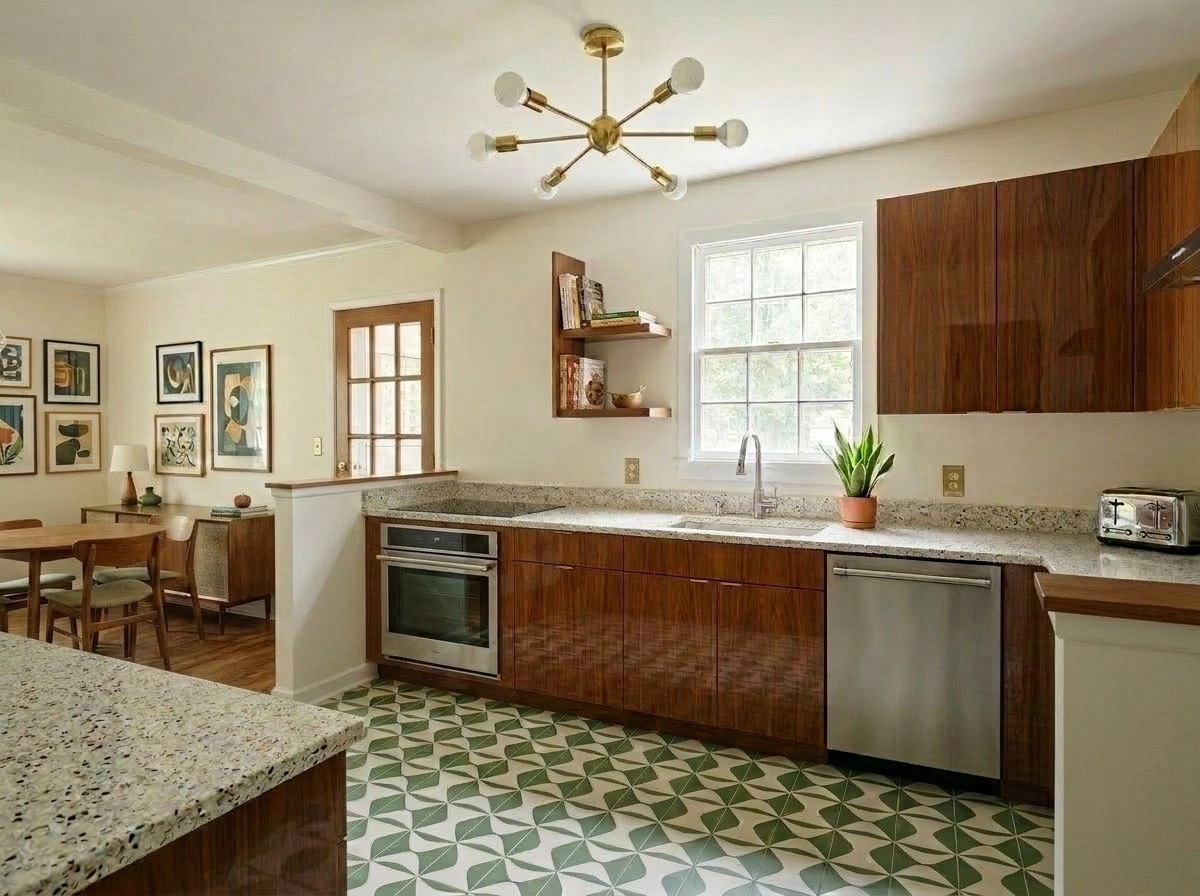 Kitchen interior in Mid-Century Modern style — photo by GenRoom AI