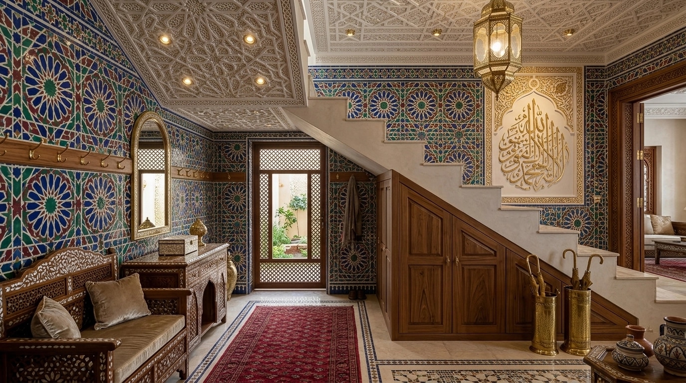 Hallway interior in Islamic Geometric style — photo by GenRoom AI