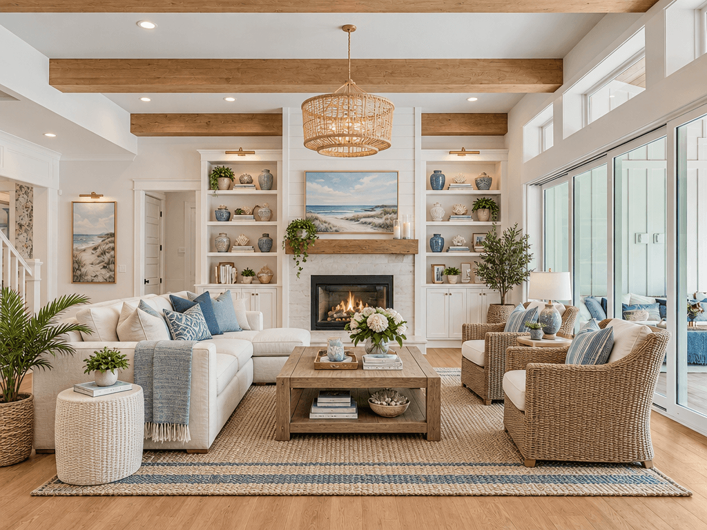 Návrh interiéru ve stylu Coastal / Hamptons styl — Obývací pokoj od GenRoom AI