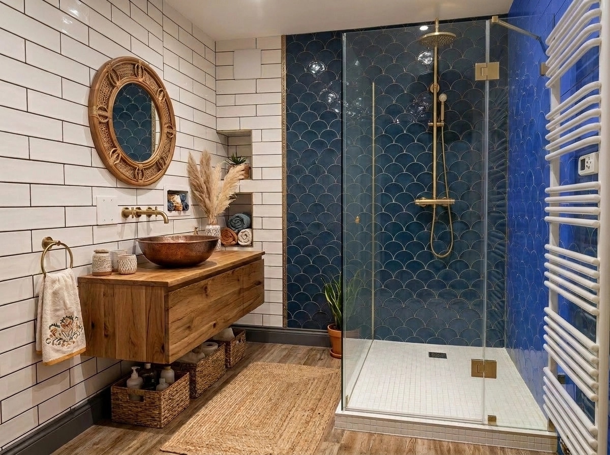 Bathroom interior in Bohemian style — photo by GenRoom AI