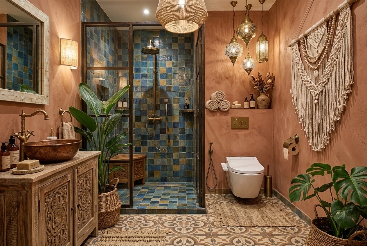 Bathroom interior in Bohemian style — photo by GenRoom AI