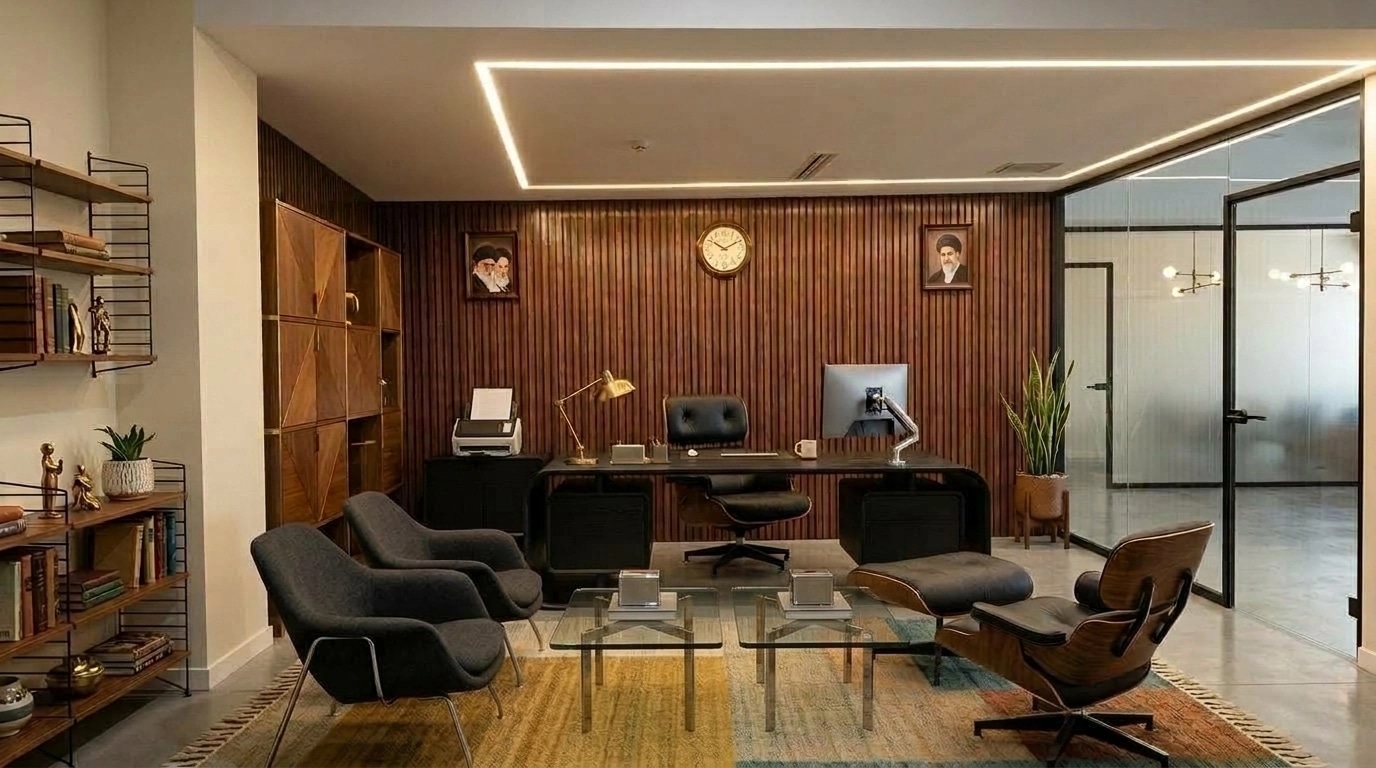 Office interior in Mid-Century Modern style — photo by GenRoom AI