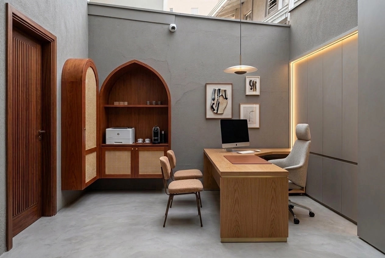 Office interior in Portuguese Modern style — photo by GenRoom AI