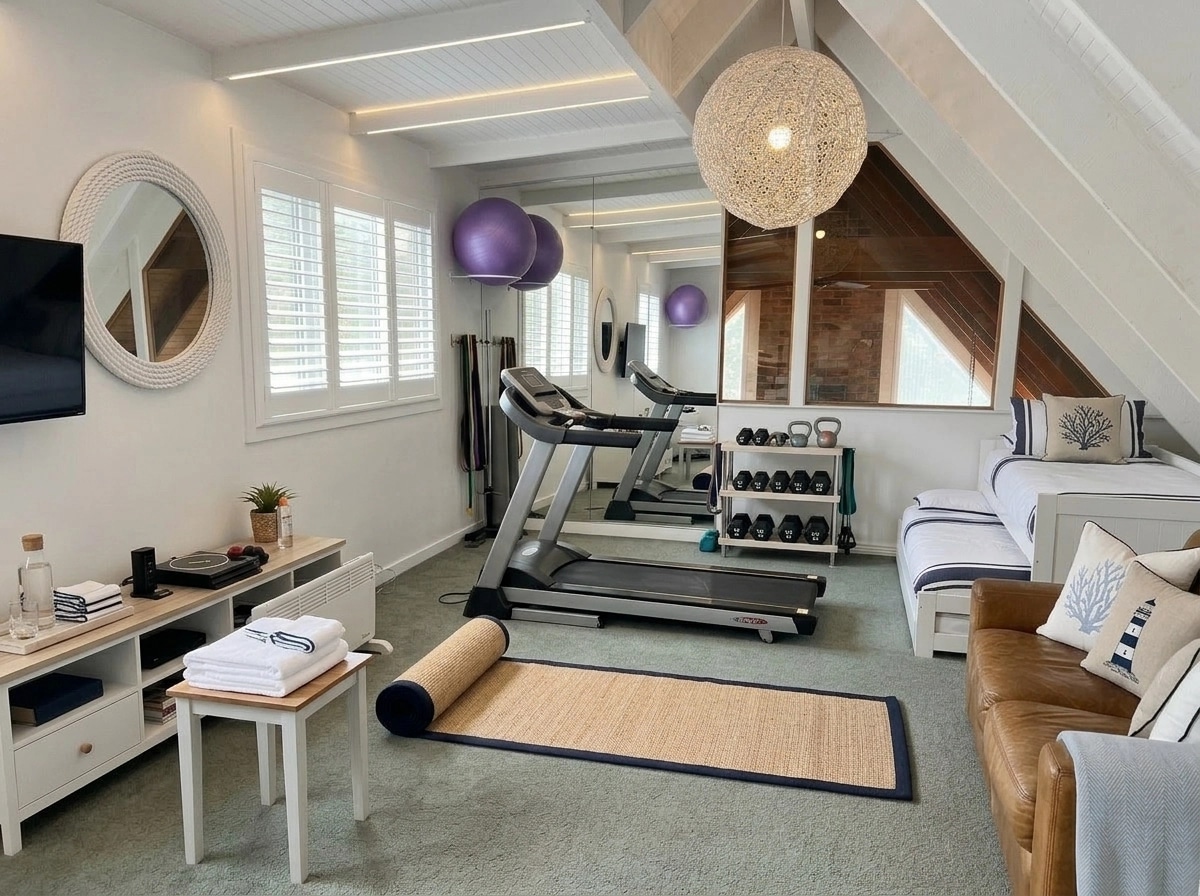 Interior design in Coastal / Hamptons style — gym by GenRoom AI