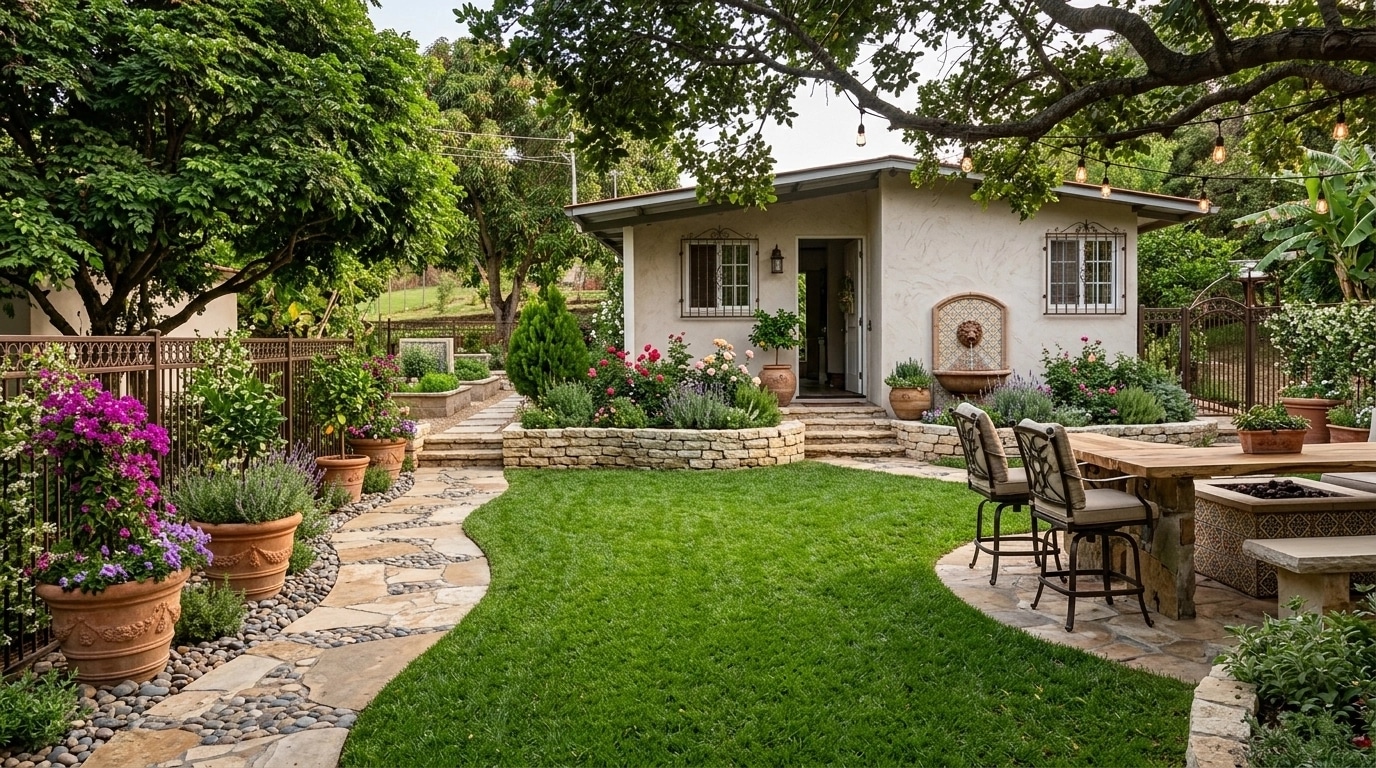 Peyzaj tasarımı Mediterranean Yard stili — Bahçe GenRoom AI