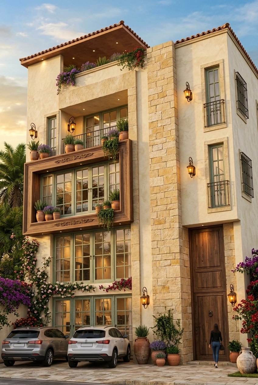 Facade design in Mediterranean Facade style — photo by GenRoom AI