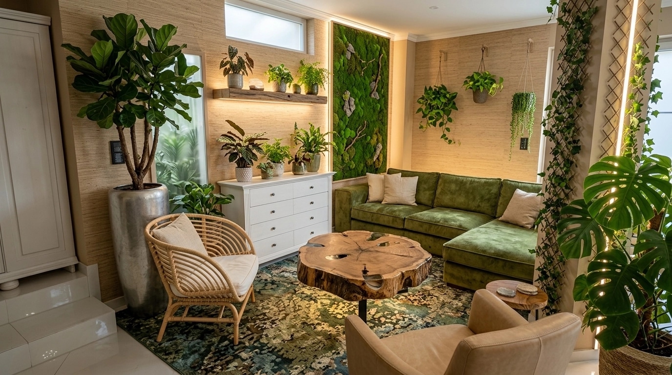 İç mekân tasarımı Biophilic stili — Oturma Odası GenRoom AI
