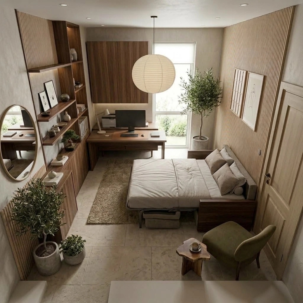 Office interior in Japandi style — photo by GenRoom AI