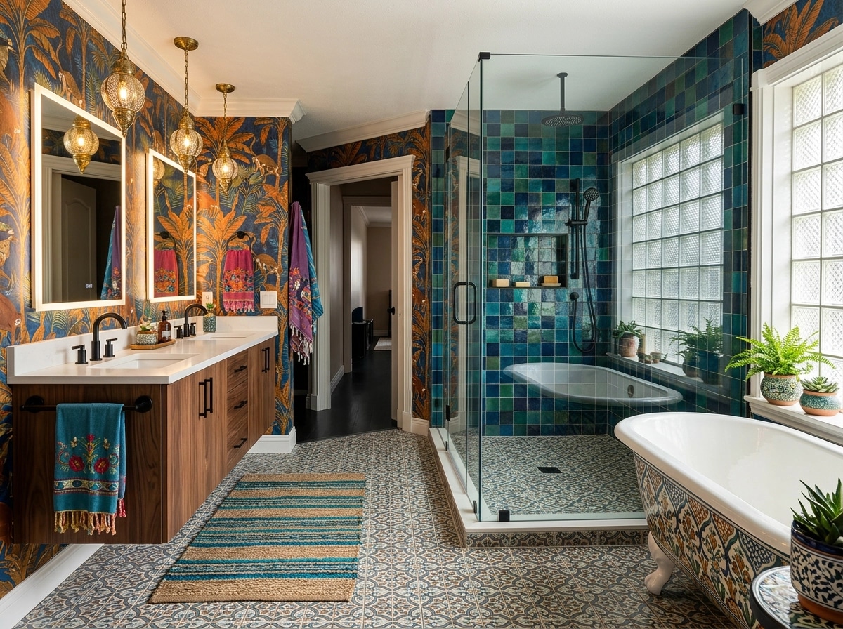 Bathroom interior in Bohemian style — photo by GenRoom AI