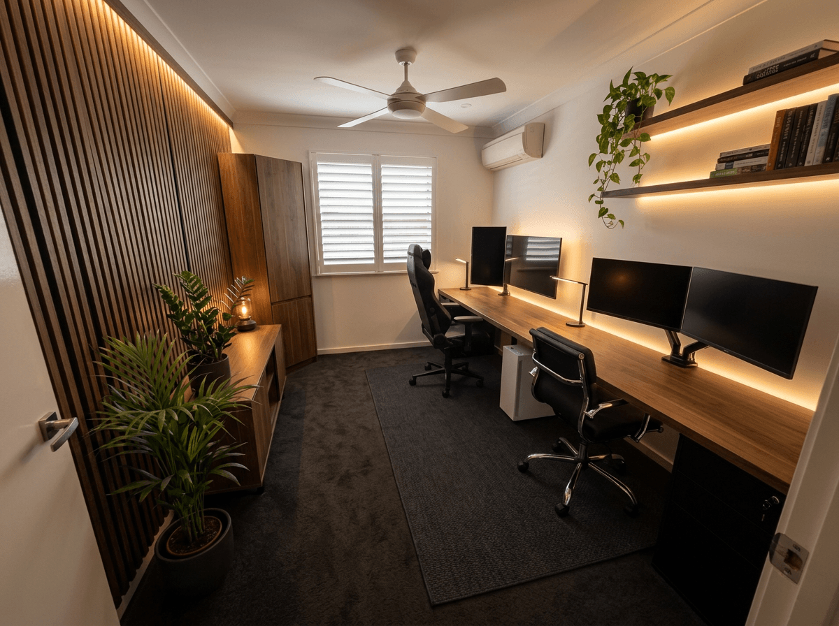 Office interior in Blacktec style — photo by GenRoom AI