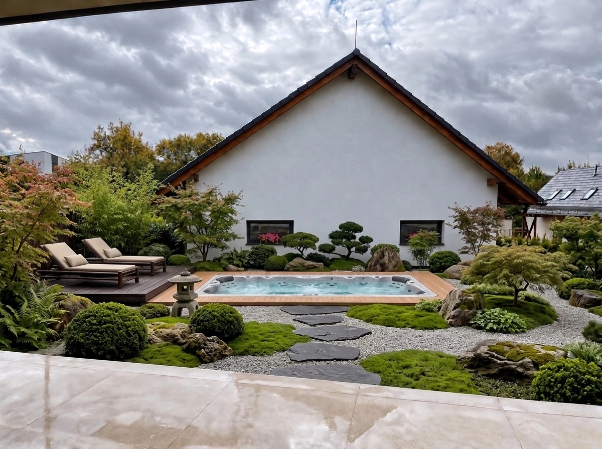 Návrh krajiny ve stylu Japanese Garden styl — Dvůr od GenRoom AI