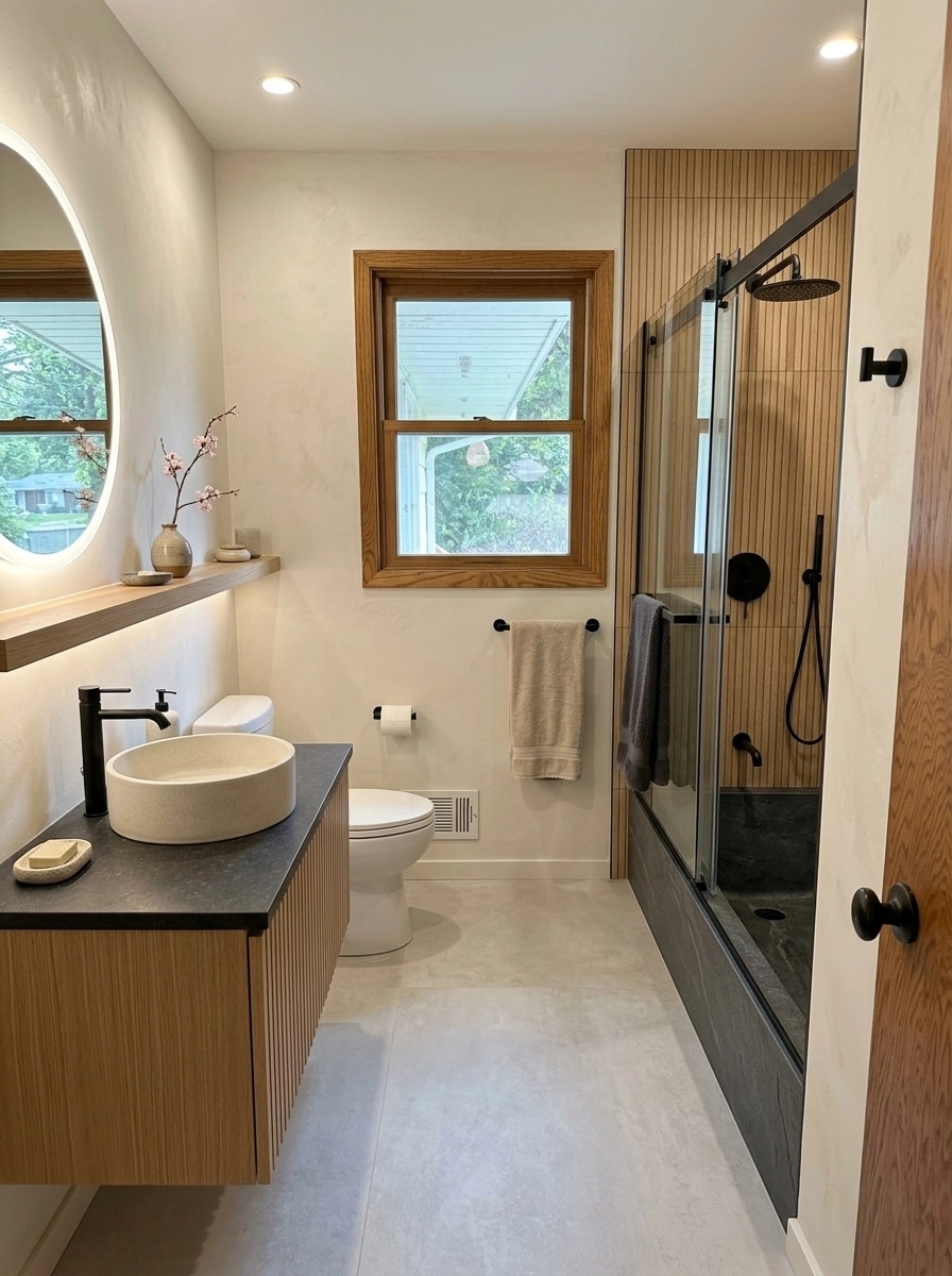 Bathroom interior in Japandi style — photo by GenRoom AI