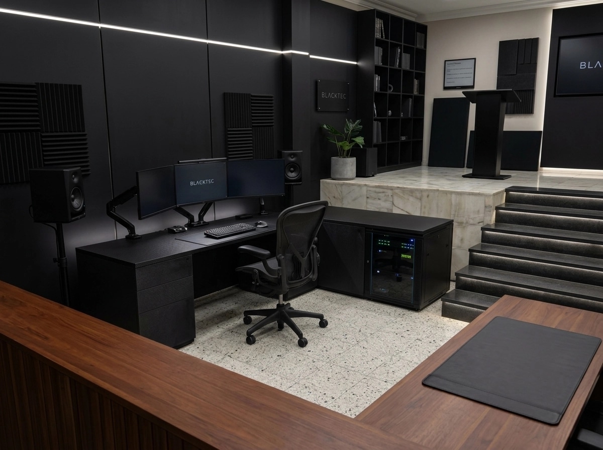 Office interior in Blacktec style — photo by GenRoom AI