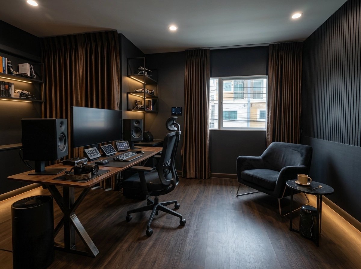Office interior in Blacktec style — photo by GenRoom AI
