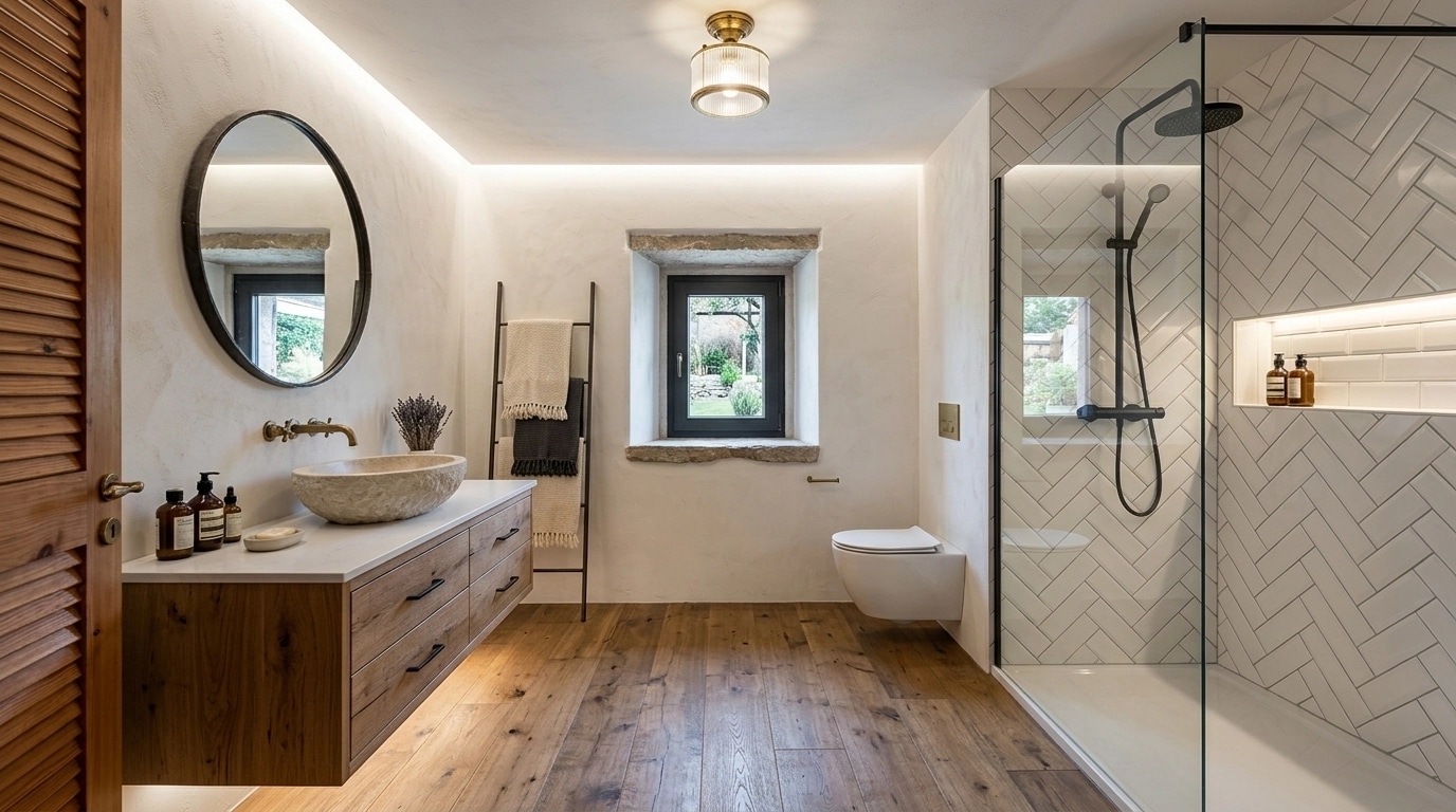 Bathroom interior in Modern Farmhouse style — photo by GenRoom AI