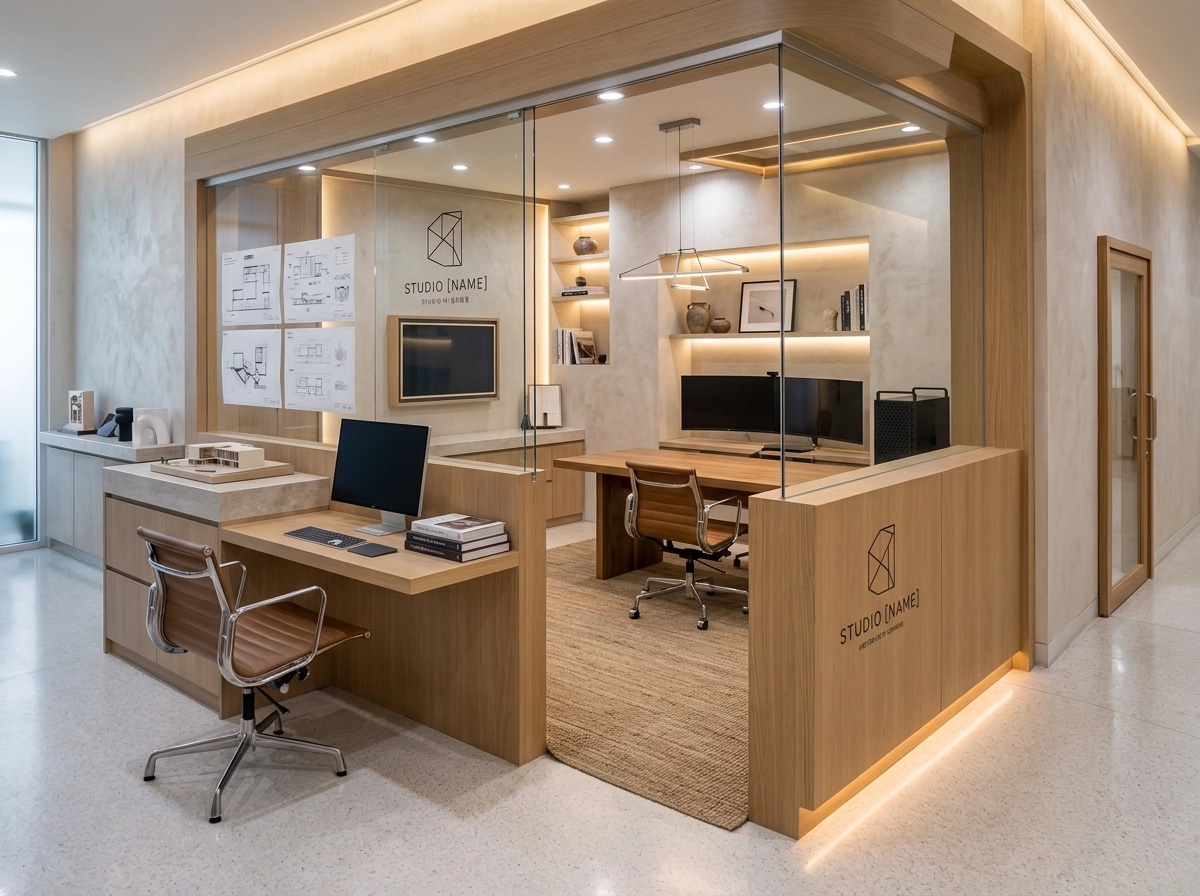 Office interior in Minimalism style — photo by GenRoom AI