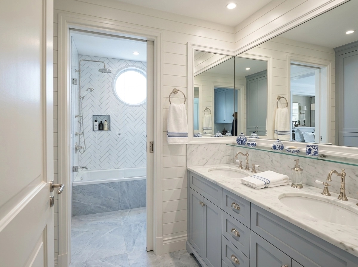 Bathroom interior in Coastal / Hamptons style — photo by GenRoom AI