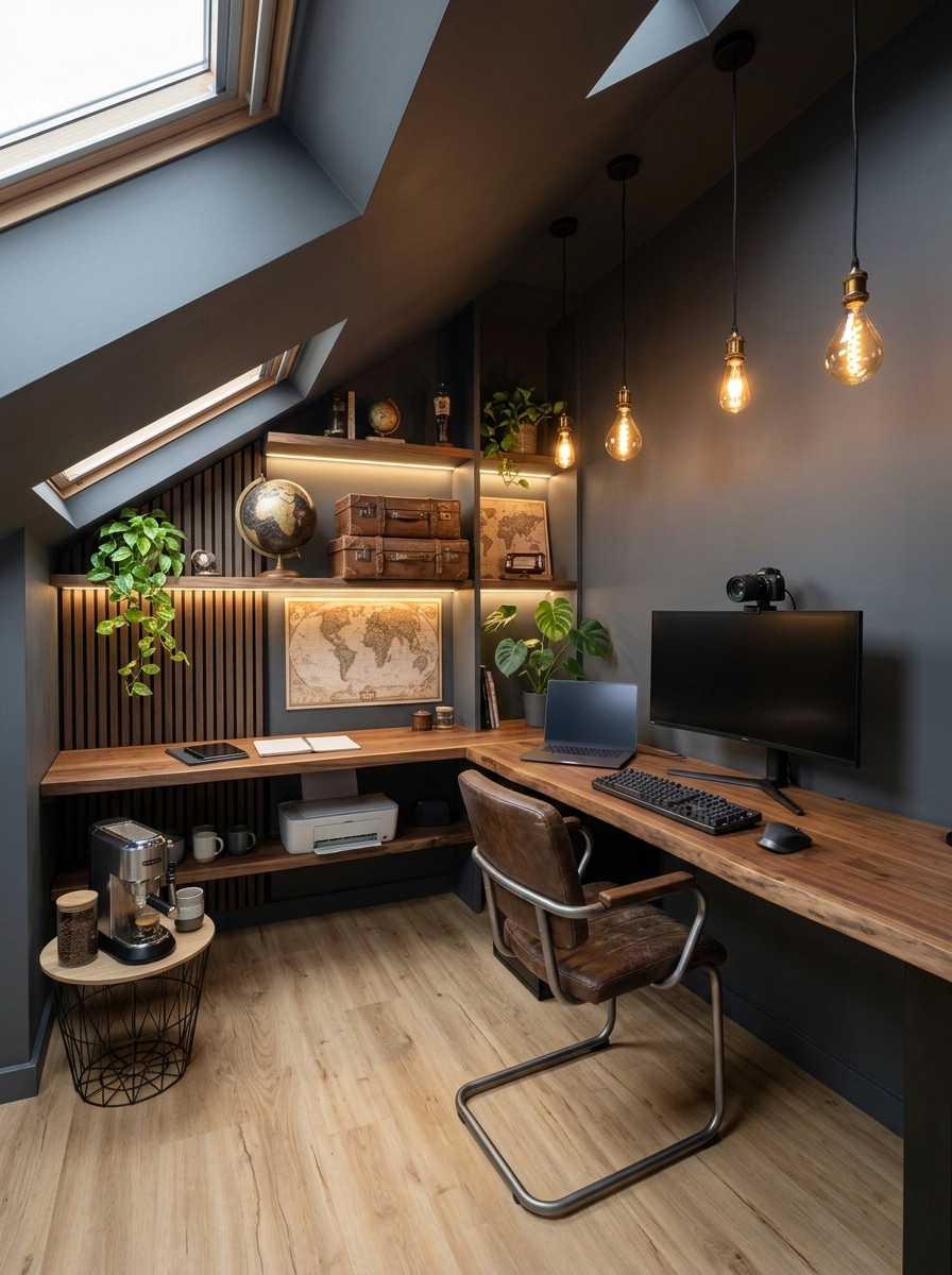 Интерьер дизайны Loft / Industrial стилінде — GenRoom AI жасаған Кеңсе