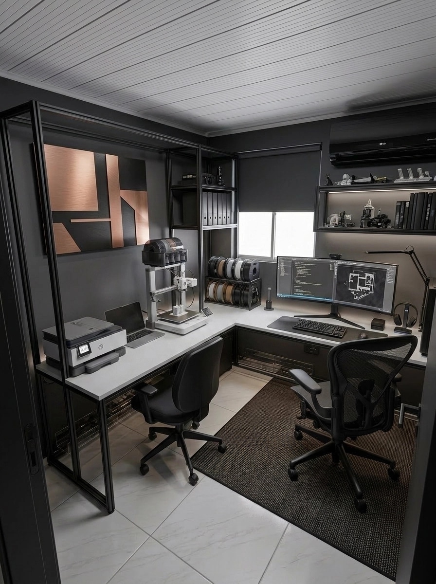 Office interior in Blacktec style — photo by GenRoom AI
