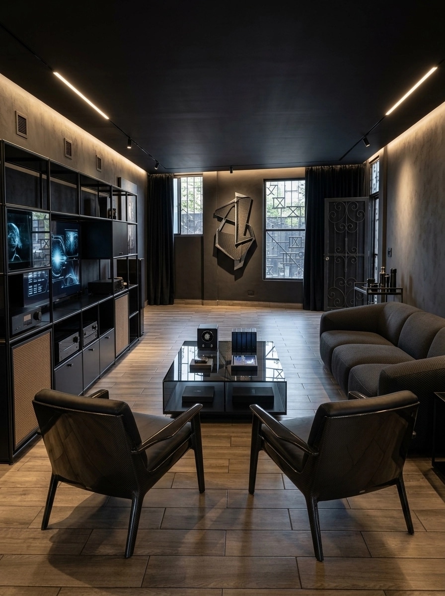 التصميم الداخلي بنمط Blacktec — غرفة المعيشة من GenRoom AI