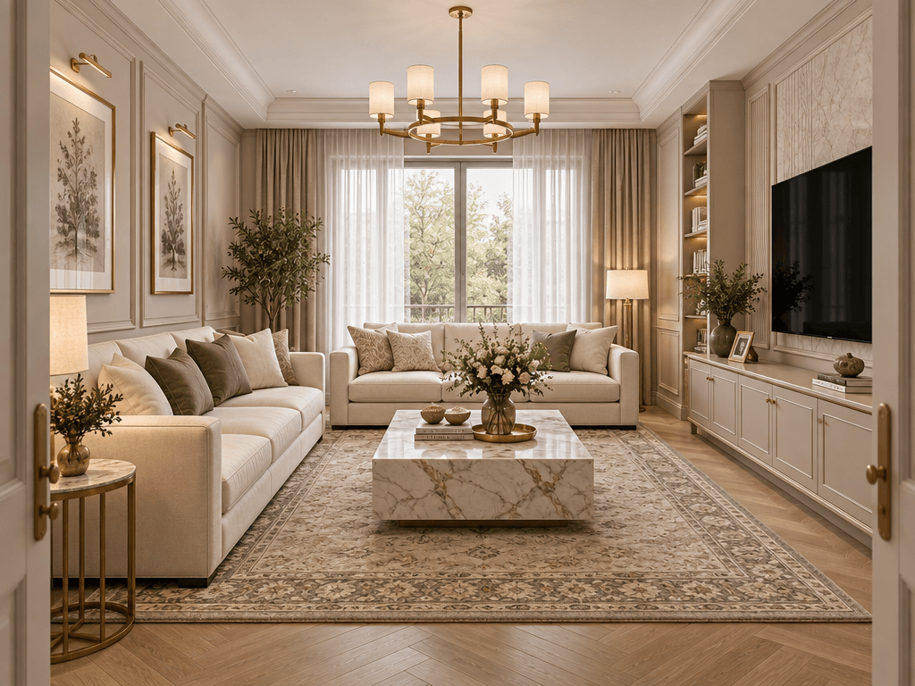 Neoclassic Living Room design — interior photo by GenRoom AI