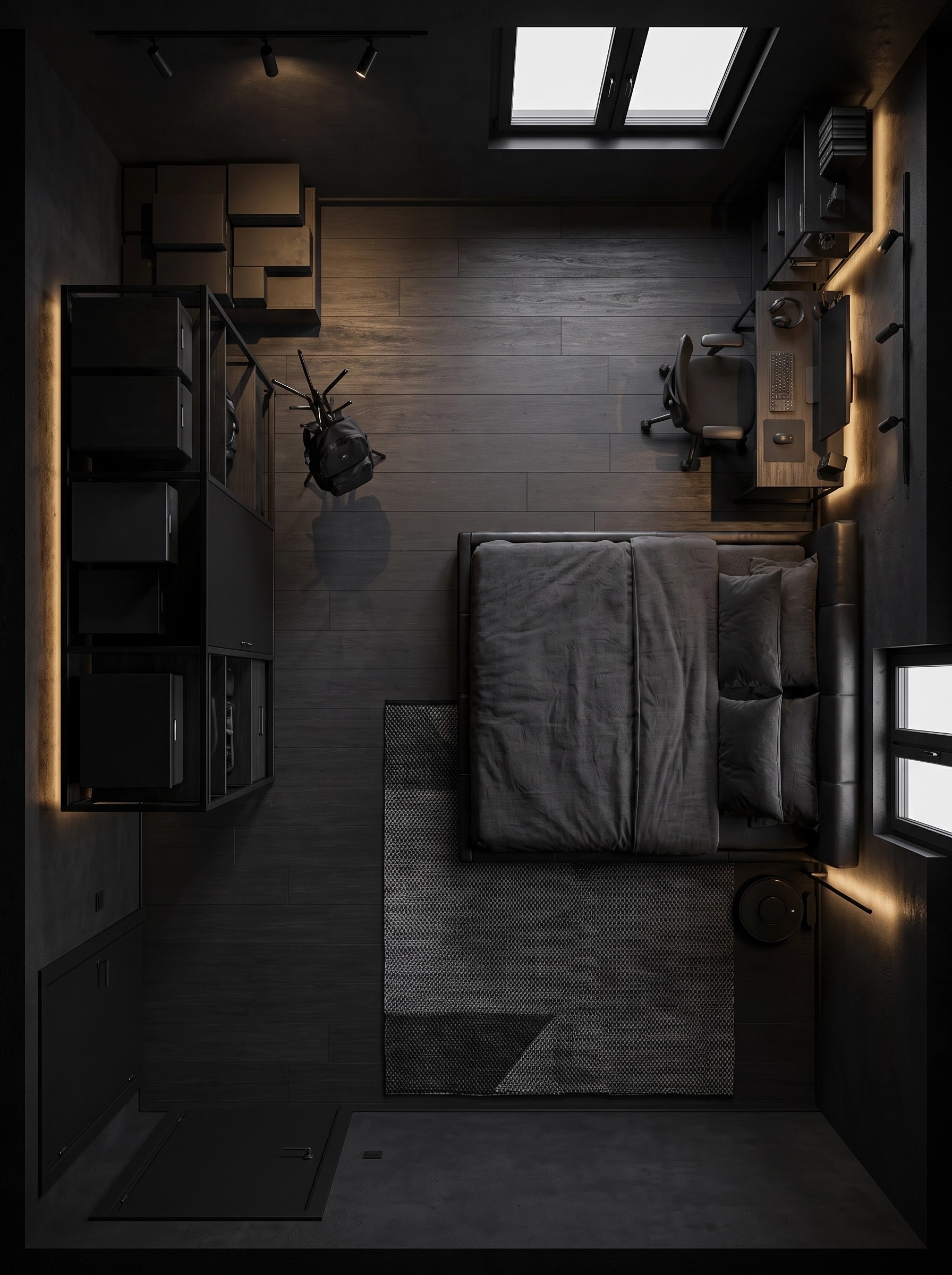 التصميم الداخلي بنمط Blacktec — غرفة المعيشة من GenRoom AI
