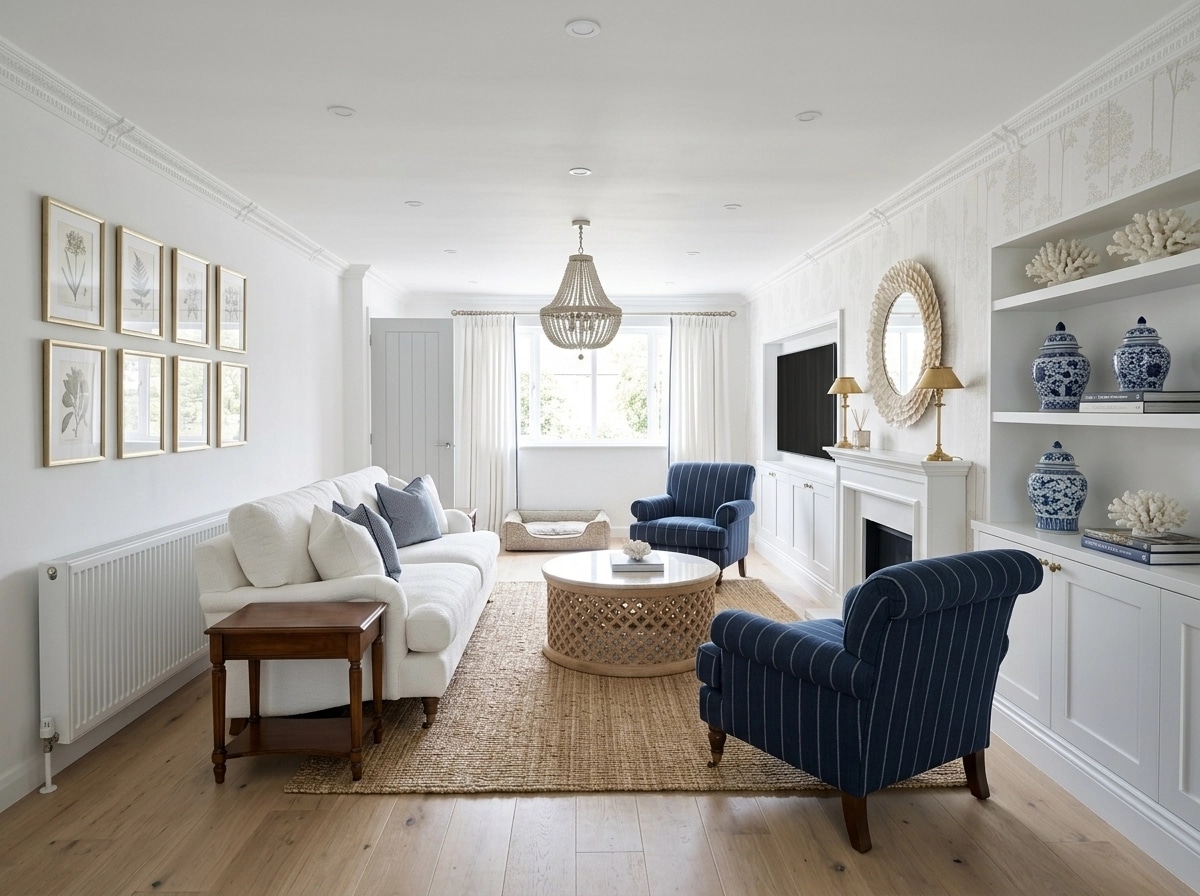 Coastal / Hamptons Living Room design — interior photo by GenRoom AI