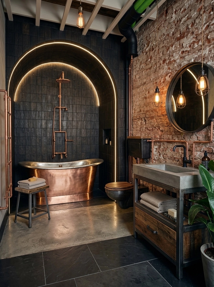 Interior desain di Loft / Industrial gaya — Kamar Mandi oleh GenRoom AI