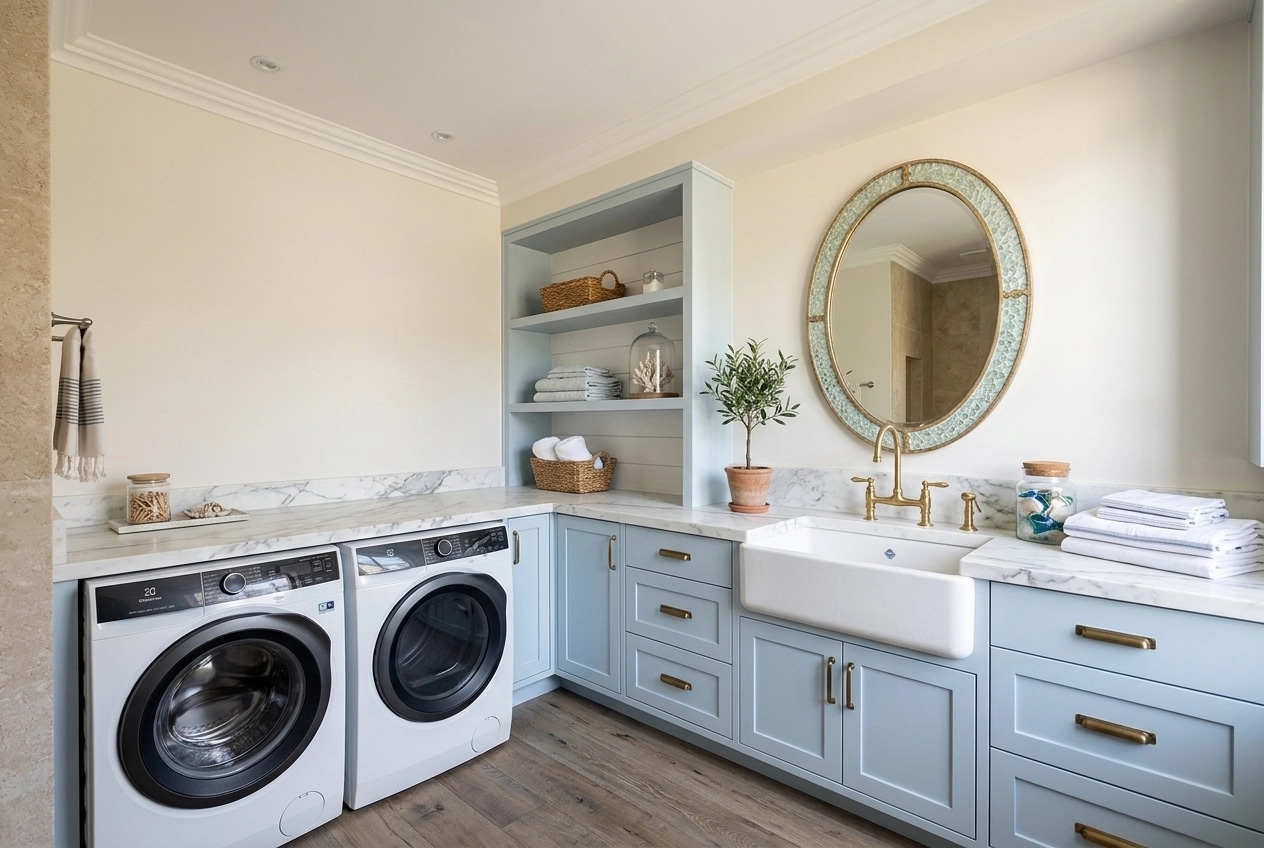 Interior design in Coastal / Hamptons style — laundry by GenRoom AI