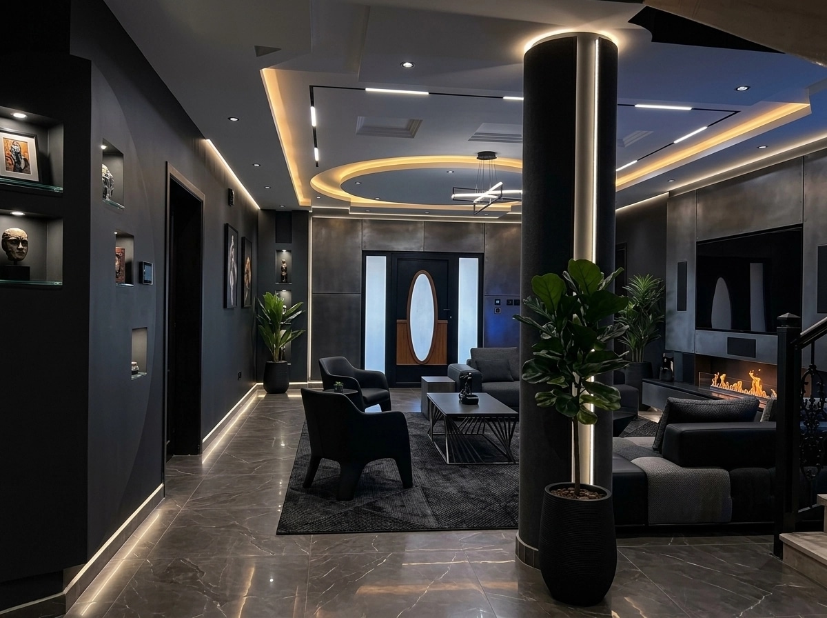 Design d'interni in stile Blacktec — Soggiorno di GenRoom AI