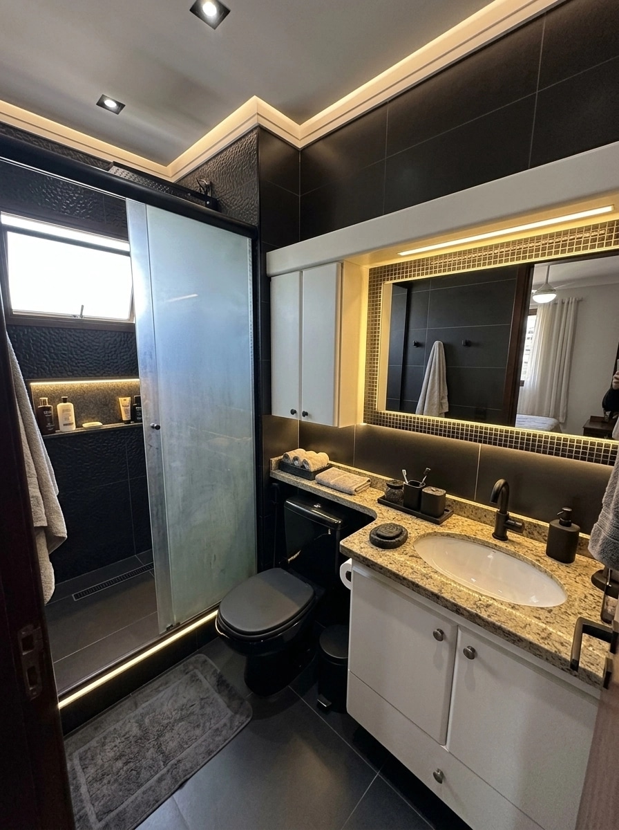 Bathroom interior in Blacktec style — photo by GenRoom AI