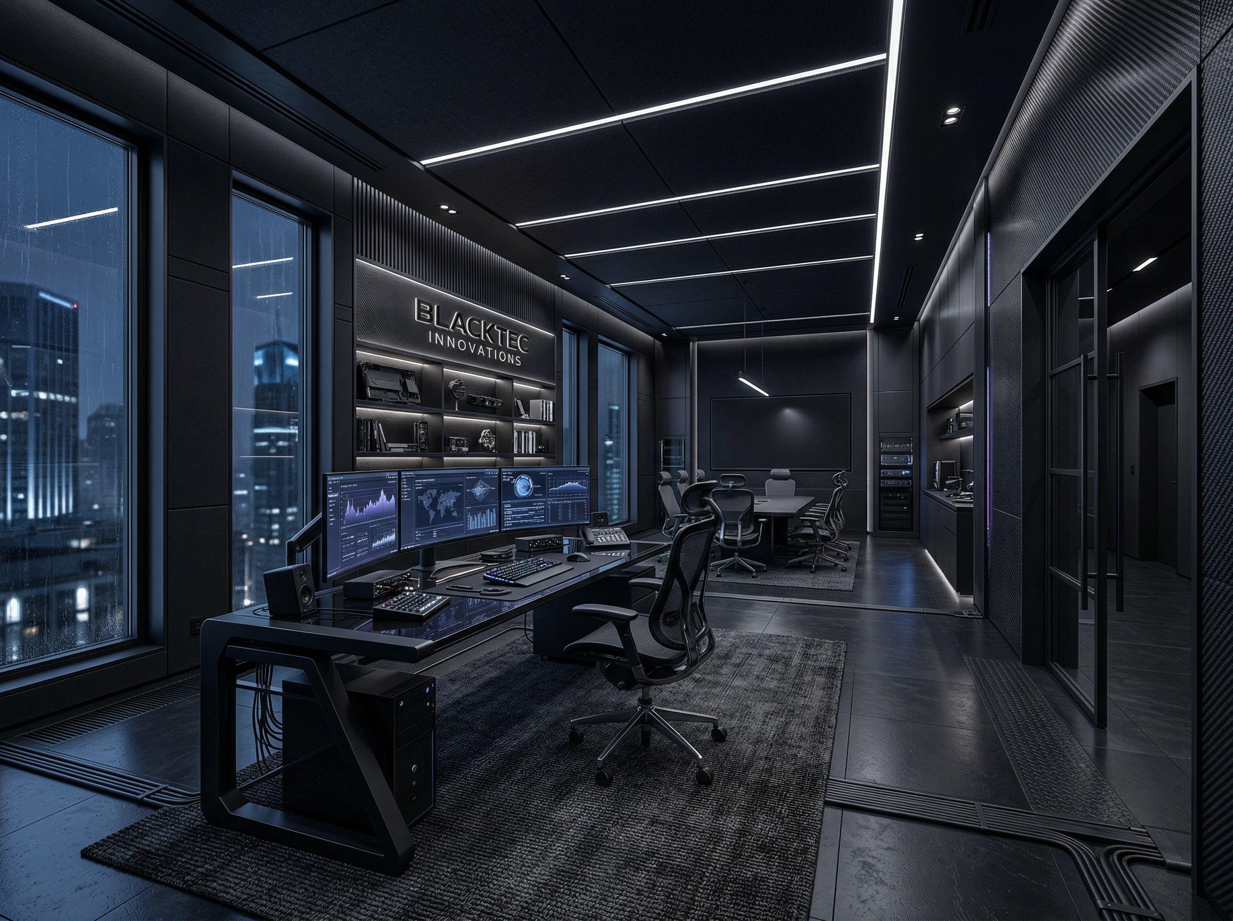 Office interior in Blacktec style — photo by GenRoom AI