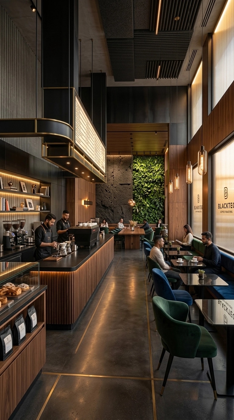 Interior design in Blacktec style — coffee_shop by GenRoom AI