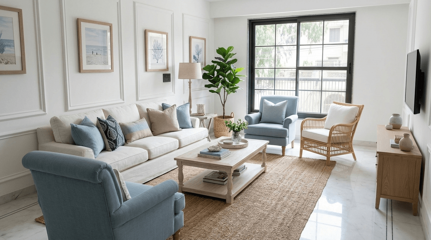 Interieurontwerp in Coastal / Hamptons-stijl — Woonkamer door GenRoom AI