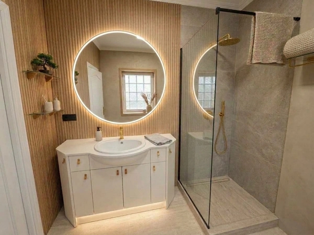 Bathroom interior in Japandi style — photo by GenRoom AI