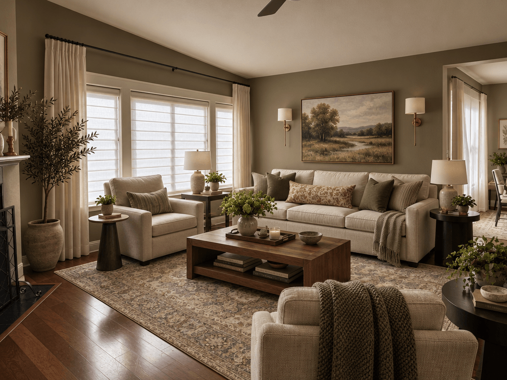 Interior desain di Transitional gaya — Ruang Tamu oleh GenRoom AI